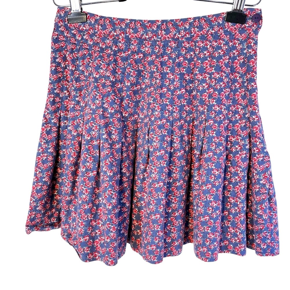 Vtg Pleated Mini Skirt Womens Sz 14 Floral Roses Multi Pink Blue Side‎ Zip